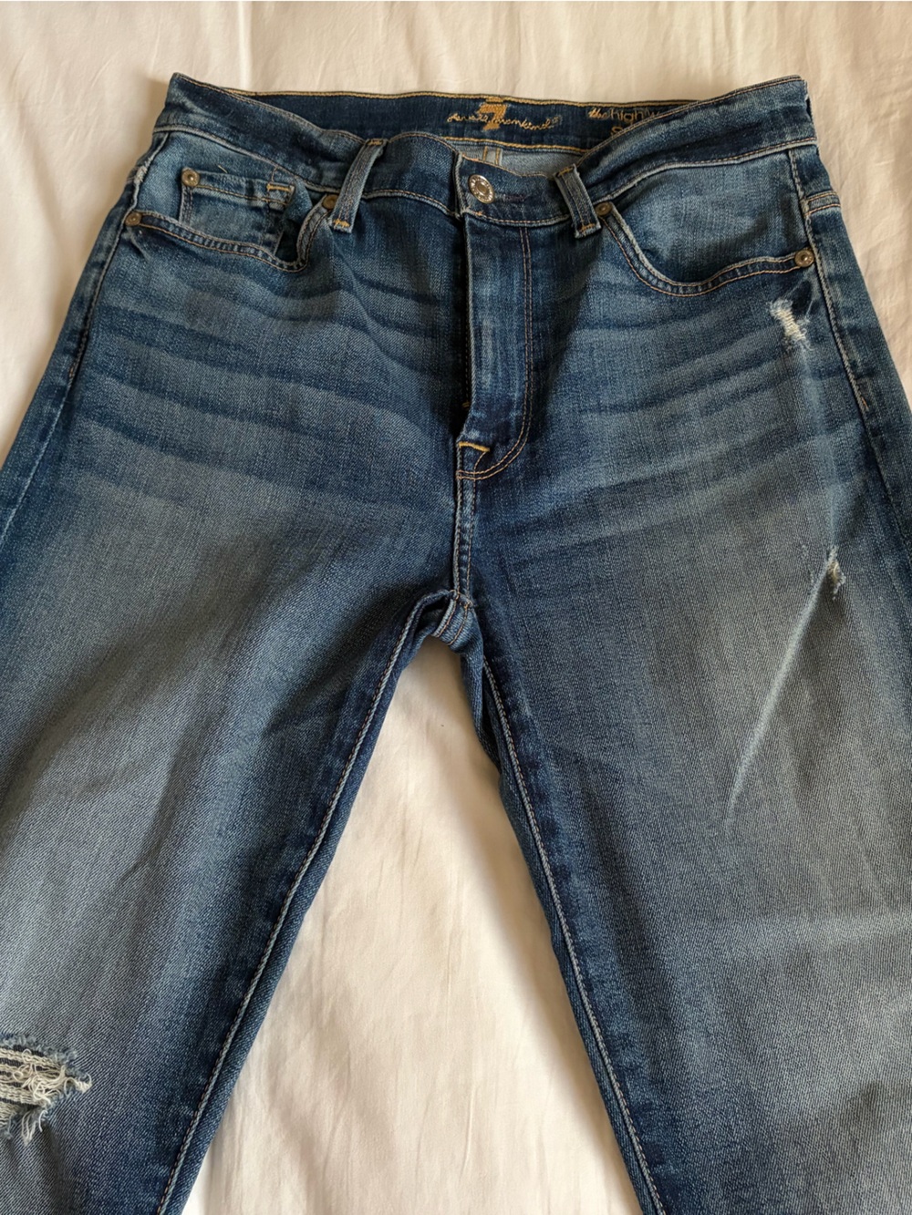 7 For All Mankind Distressed Medium Blue High Waist Skinny Jeans